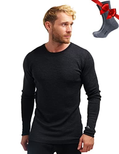 100% Merino Wool Base Layer Men - Long Sleeve Thermal Shirt + Hiking Socks (Medium, Charcoal Gray 250)