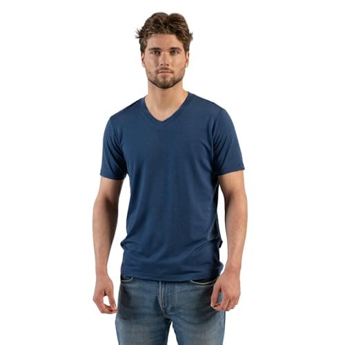 menique Men's 100% Merino Wool V-Neck T-Shirt Lightweight Top, Denim, XL