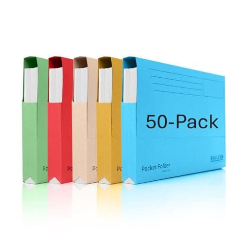 Railex Pocket Folder Foolscap Document Wallets - Assorted Folders Pack of 50 for Paperwork A4 and A4+, Recycled Board File Foolscap Document Wallet, Premium Filing Folder for Office and Home