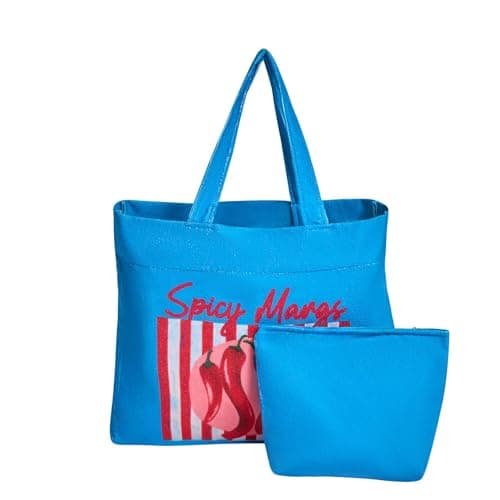 OHS Large Beach Bags for Women, Spicy Margs Slogan Beach Tote Bag with Matching Zip Pouch Waterproof Lining Reusable Grocery Bags for Women Travelling Shopping Pool, Blue