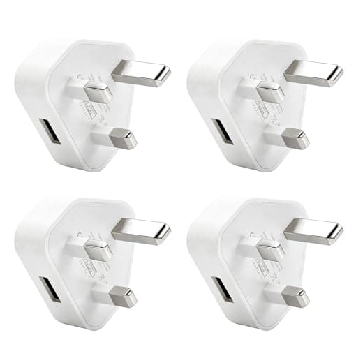 3 Pin Plug UK 4 Pack USB Charging Adapter, 5V 1A USB Wall Plug with Smart IC, Fast Safe Charger Compatible with i Phone 12 11 XR X 8 7, i Pad, Sam sung Galaxy, Hua wei, Moto rola, LG, One Plus