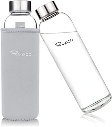 RYACO Glass Water Bottle 550ml/18oz,Borosilicate Glass Bottle with Neoprene Protective Case for Hot Cold Drinks,BPA-Free Leak Proof,Sport Water Bottles with Sponge Brush,Dishwasher Safe