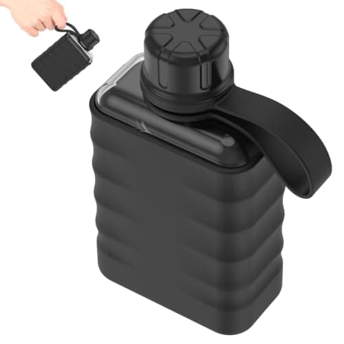WAMEITF Slim Flat Water Bottle, 240ml Mini Portable Travel Flask with Silicone Sleeve and Leak Proof Lid, Small Flask Leakproof Pocket Drinking Bottle for Alcohol, Juice, Gym & Office(Black,240ml)