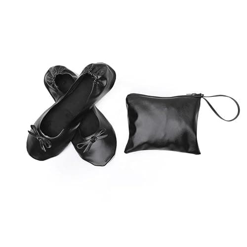 Women's Foldable Ballet Flats with Carrier Pouch Lightweight Comfy Portable Leather Roll Up Pumps with Bow After Party Non-Slip Soft Sole Flat Shoes for Ballerina Wedding & Travel Walking Black