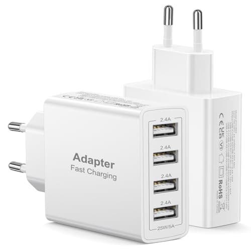 EU Travel Adapter Charger 2Pack, 25W UK to European Plug Adapter Fast Charging with 4 USB A, European Wall Adaptor EU USB Adaptor Plug Fast Charger for iPhone 17 16 15 14 13 12,iPad,Samsung Galaxy S25