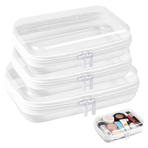 3 PCS Clear Hard Shell Zipper Cases, Transparent Waterproof Toiletry Toys Bags Double Zippered Pencil Case for Travel Makeup Tools Building Blocks Toiletries
