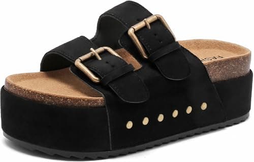 Women's Platform Sandals Cork Footbed Adjustable Double Buckle Slides
