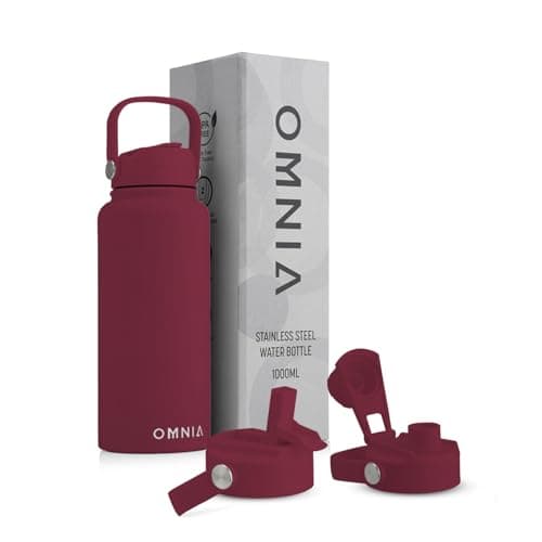 OMNIA NUTRIENTS Vacuum Insulated Stainless Steel Water Bottle, 2 Lids (Straw & Spout) Leakproof, BPA-Free, Reusable Flask Ideal for Travel and Outdoors (Burgundy - 1000 ml)