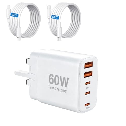 USB C Plug Fast Charge,60W 1-Pack Multi-Port (3C+2A)30W+30W USB Charger Plug UK With 4FT& 6FT USB-C Cable Compatible With i Phone 17/16/15/ S ansung S25/S24/S23 And More