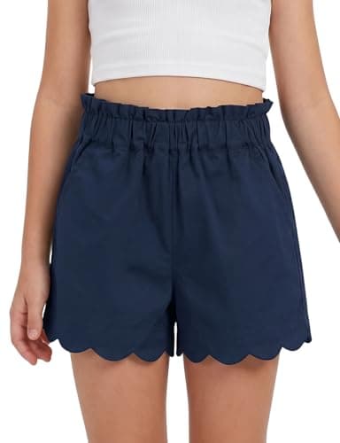 Spring&Gege Girls' Summer Shorts, Elastic Waist with Ruffled Hem & Side Pockets,Soft Cotton Shorts for Back-to-School Season Outdoor Activities, Beach & Casual Attire(Navy, 9-10 Years)