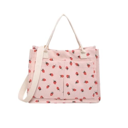 OrcoW Women's Canvas Tote Bags Strawberry Handbag with Removable Strap Large Crossbody Shoulder Laptop Purses Tote Bag Large Corduroy Canvas Cross body Bag for School Shopping Work Travel Gym