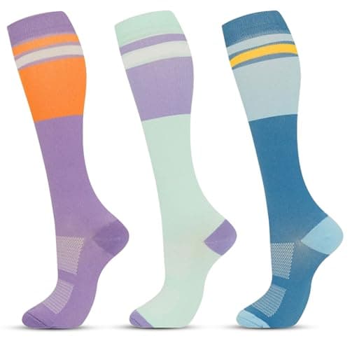 Fjquamitix 3 Pairs Compression Socks for Women& Men 20-30 mmHg Graduated Flight Compression Stockings Knee-High Support Socks for Athletic, Pregnancy, Varicose Veins (Purple, green, blue, S/M)