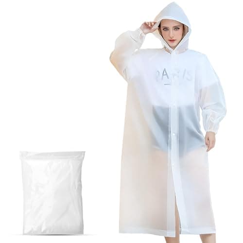 WOHSEROM 1 Pack Rain Ponchos for Adults Reusable, Thickened EVA Travel Raincoat Jacket with Hoods and Sleeves, Lightweight White Waterproof Capes Ponchos for Men Women Outdoor Hiking Camping Travel