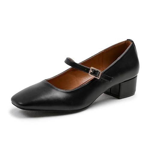 Womens Low Mid Block Heel Ankle Strap Smart Work Office Comfort Court Shoes Wide Fit Closed Toe Comfy Party Casual Travel Shoes Black Faux Leather