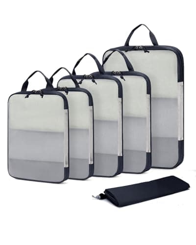 ECOHUB Travel Compression Packing Cubes, Recycled 6 Set Packing Cubes for Backpack Suitcases, Tear Resistant Mesh Travel Cubes with Shoes Bag, Washable Packing Organiser Expandable, Patent Pending