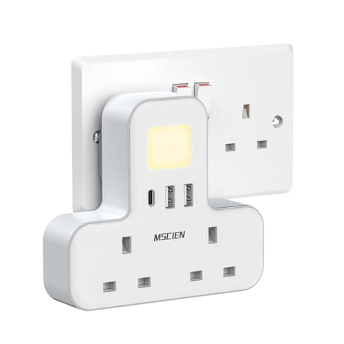 Double Plug Adaptor with USB (1USB-C), MSCIEN Plug Extension Socket Extender with Night Light Multi Plug Adapter, White Plug Adaptor, Wall Socket UK Power Strip for Home, Office