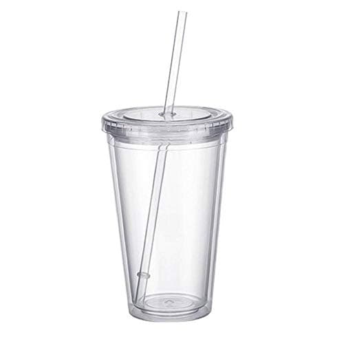Clear Insulated Plastic Coffee Cup with Lid and Straw Double Wall Tumbler Reusable Travel Mug for Hot Cold Drinks Leakproof Spill Proof Lightweight Beverage Container
