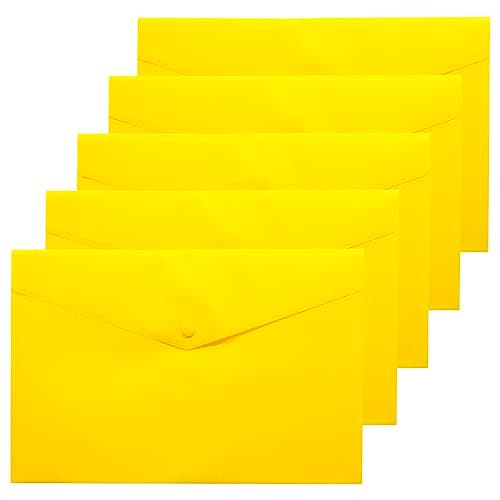 eco-eco A4+ 50% Recycled Transparent Press Stud Popper Wallet, Plastic Folders (Pack of 5), Yellow, eco035YELLOW