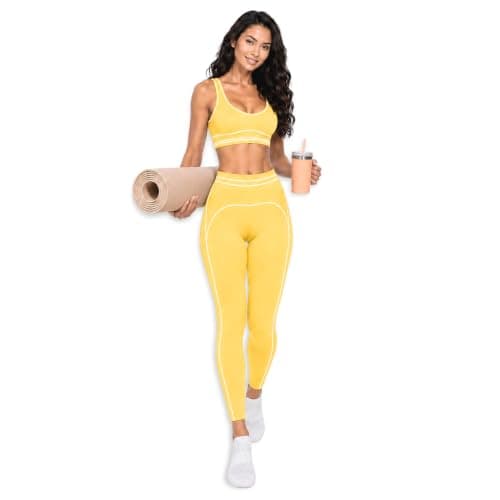 Yu & Me PARIS Womens Gym Set 2 Piece Activewear Sports Padded Bra & High Waist Leggings Tummy Control Workout Yoga Fitness Co Ord Set Size (Yellow, L/XL, 14-16)