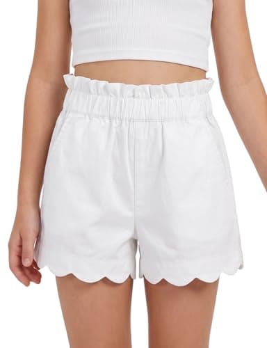 Spring&Gege Girls' Summer Shorts, Elastic Waist with Ruffled Hem & Side Pockets,Soft Cotton Shorts for Back-to-School Season Outdoor Activities, Beach & Casual Attire(White,9-10 Years)