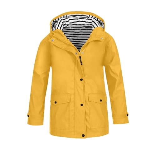 Boys Girls Rain Jacket Waterproof Windbreaker Lightweight Rain Jackets with Pockets Packable Raincoats for Kids with Hood Solid Full Zip Button Down Rain-Coats Preppy Clothes (Yellow, 3-4 Years)