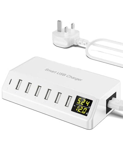 USB Charger 60W 7-Port USB Desktop Charger with LED Screen, Multi-Device Charging Station with Real-Time Power Monitoring for Phone,Fast Charging Hub for Home, Office, Travel