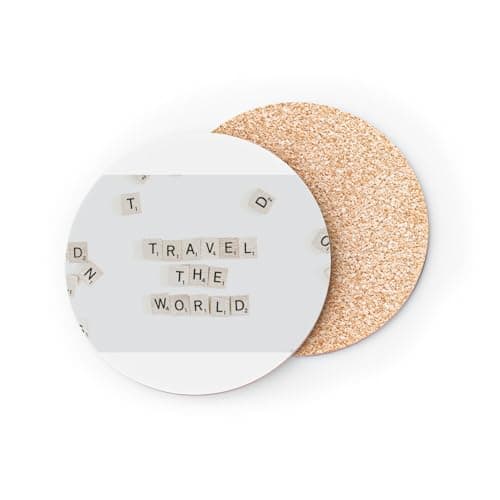 Round Glass Coaster Cork Base - Travel Travel Suitcase in Hot Air Balloon Design - 1 Unit (95 x 95 mm)