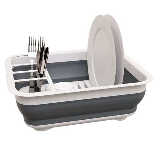 Knight Collapsible Dish Drainer Rack – Foldable Dish Drying Rack With Cutlery Divider, Compact Kitchen Storage Dish Rack For Plates, Cups & Bowls, Space Saving For Home, Camping & Caravans (Grey)