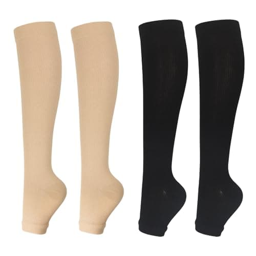 KASLCWA 2 Pairs Toeless Flight Compression Socks for Women, Toeless Compression Stockings, Open Toe Graduated Stockings Support, Support Varicose Veins Sock for Woman Man Running Flying Travel Work