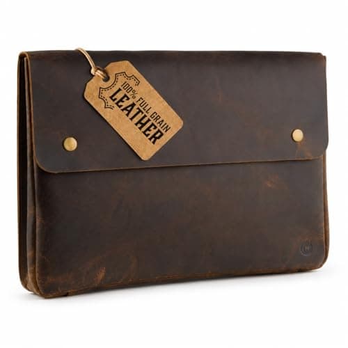 Brown Moonster Full Grain Leather Folder File Organizer Document Holder Portfolio for Men Spacious Folio Laptop Sleeve Case 13" 14" 15” MacBook Tablets