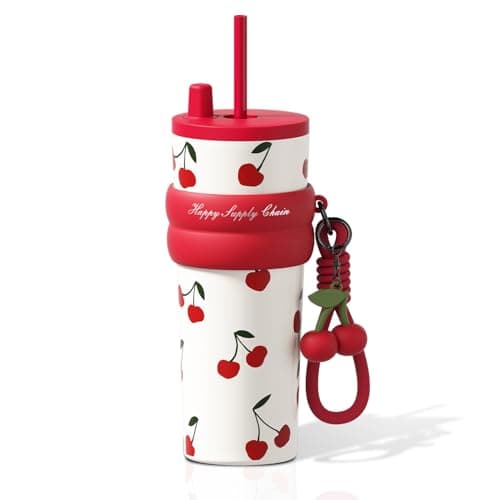 Sidagar 24 oz Insulated Tumbler witn Lid and Straw, Stainless Steel Reusable Leak Proof Water Bottle, Travel Portable Coffee Mug for Hot and Cold, Thermal Cup for Women, Cherry