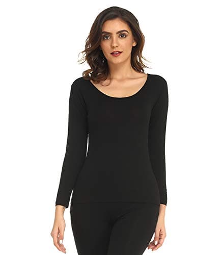 Mcilia Women's Ultrathin Modal Round Neck Long Sleeve Thermal Top/Shirt Black Small (UK Size 6 8 10)