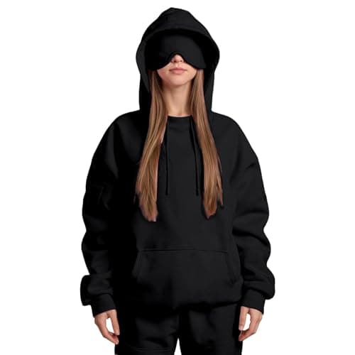 Ewleguzka Travel Hoodie with Eye Mask Built In,Comfrt Airplane Wearable Blanket Hoodie for Adults Men Women 4 Pockets Black