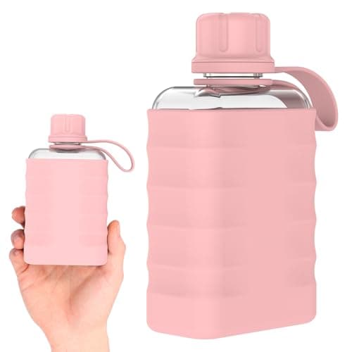 2Pack Slim Flat Water Bottle, 240ml Mini Portable Travel Liquor Flask with Silicone Sleeve, BPA Free Clear Small Flask, Leakproof Pocket Drinking Bottle for Alcohol, Juice, Gym & Office (Pink)