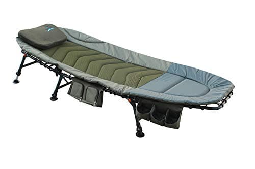 CARPZILLA Portable Fishing Bed Chair | XL Heavy Duty Camping Bed | Adjustable Back Rest & Legs Bedchair | Built-in Tool Bag Tackle Storage Carp Fishing | Detachable Pillow - Khaki Green