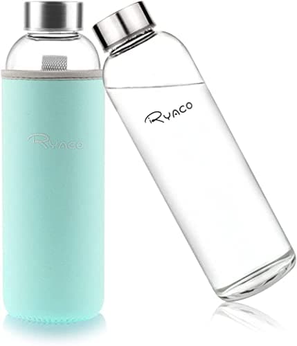 RYACO Glass Water Bottle 550ml/18oz,Borosilicate Glass Bottle with Neoprene Protective Case for Hot Cold Drinks,BPA-Free Leak Proof,Sport Water Bottles with Sponge Brush,Dishwasher Safe