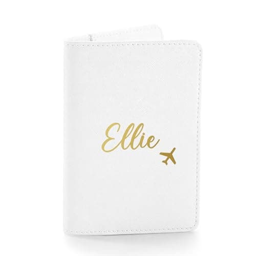 eBuyGB Personalised Passport Holder, Custom Name Passport Cover Travel Wallet, Faux Leather Travel Document Holder, Holiday, Honeymoon & Destination Wedding Gift for Her (Soft White)