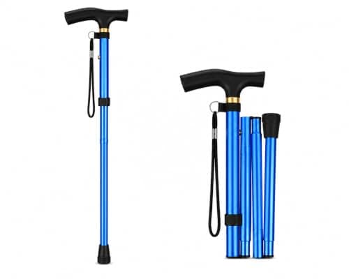 foldable walking stick adjustable collapsible walking stick lightweight aluminium cane blue folding walking stick for men women disabled mobility aids portable travel walkig cane With Wrist Strap
