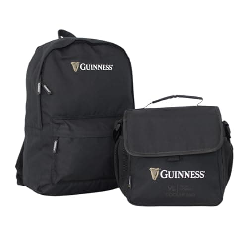 Guinness Backpack & Cooler Bag Set – Official 15” Laptop Rucksack (42x32x11cm) + 9L Insulated Lunch Bag | Work, School & Travel Bundle | Lightweight Black Bags with Adjustable Straps & Bottle Holders