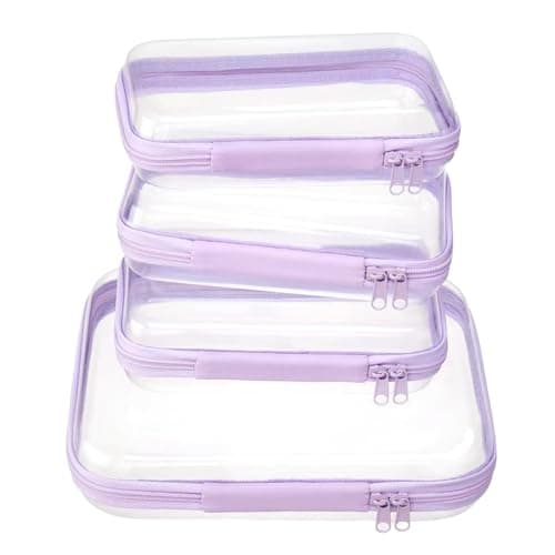 4 pcs Clear Zipper Pouches,Hard Shell Zipper Case, Toiletry Bag for Travel, Clear Diaper Bag, Toiletry Pouch, Travel Organizer, Cosmetic Bag,Toy Storage Bins (Lavender,M+3S)