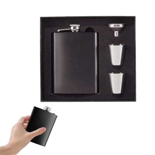 Flask Gift Set Stainless Steel 8oz with 2 Cups & Funnel Black Gift Set