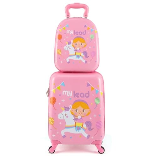 GYMAX 2Pcs Kids Luggage Set, 13" Backpack & 16" Children Hardshell Suitcase with Wheels & Telescopic Handle, Boys Girls Carry On Luggage Set for Travel School (Pink)