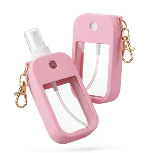 2pcs Silicone Case Compatible with Touchland Hand Sanitizer Spray, Thickened Hand Sanitiser Holder with Keychain for 1 Fl Oz / 30ml Portable Mist Bottle, Travel Accessories for Bags & Purses (Pink)