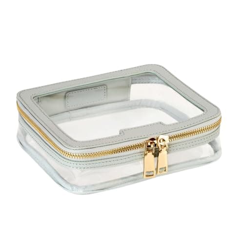 Vegan Leather Toiletry Organizer - Clear PVC Zippered Makeup Bag for Travel & Bathroom - Men & Women (Grey/Blue)