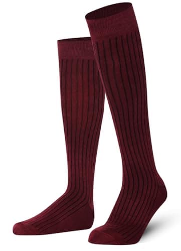 Mysocks Bugrundy Knee High Socks for Women Men Girls - Seamless Toe Plain Long Knee Length Socks - Breathable Cotton Tall Sock Stockings Burgundy Ribbed,4-7
