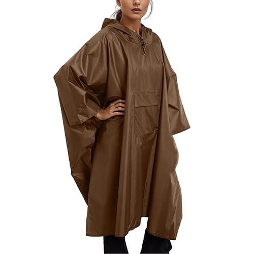 Waterproof Poncho Adult, Reusable Rain Poncho Lightweight Waterproof Raincoat Emergency with Hood for Outdoor Hiking Camping Cycling Traveling (Brown, One Size)