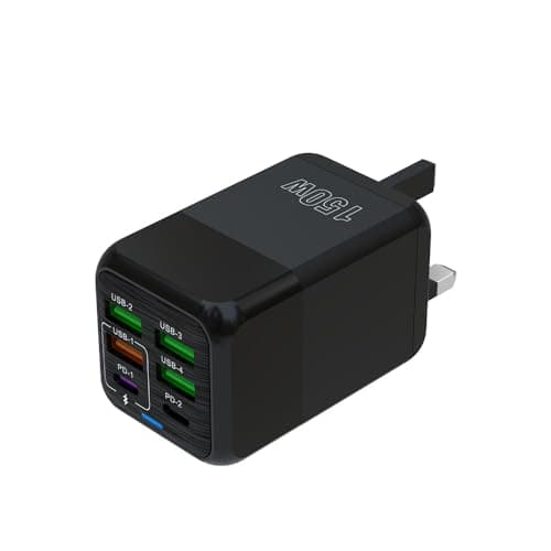 150W 6-port GaN Charger, 4 USB-A+2 Type-C PD Fast Charging Ports, AI Power Distribution, Universal Compatibility with iPhone, Samsung, Huawei, Xiaomi, Etc. (UK Plug) (Black)