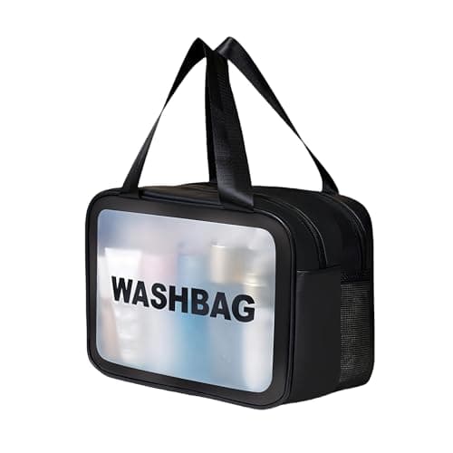 Large Clear Wash Bag, Dry Wet Segregation Toiletry Bag with Hollow Mesh Portable Makeup Bag PVC Waterproof Cosmetic Bag Travel Toiletries Bags for Women Men (Large-Black)