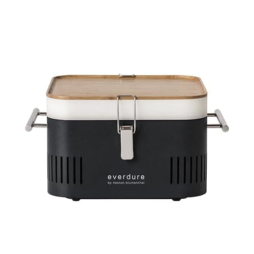 Everdure by Heston Blumenthal Cube Portable Charcoal BBQ Grill – Compact Travel Barbecue with Bamboo Tray, Chrome Rack, Porcelain Enamel Firebox & Cool Touch Handles – Outdoor Camping BBQ in Graphite