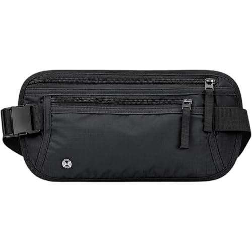 RFID Blocking Money Belt for Travel Hidden Men Women - Ultra-Slim Hidden Waist Pack & Bum Bag, Waterproof Fanny Pack Money Bags for Passport, Cash, Phone & Cards (Black)